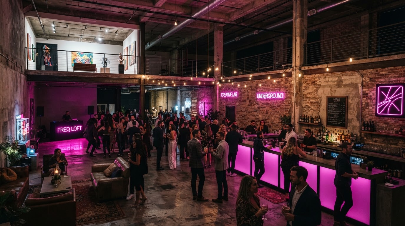 Illustration of a warehouse event space at night with neon signs, exposed brick and a lit bar